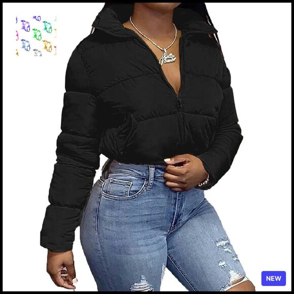 Cropped Quilted Jacket Lightweight Puffer Coat Stand Collar Drawstring Chic